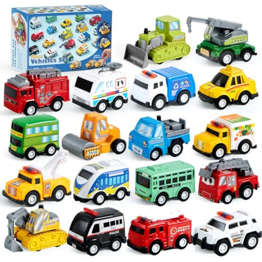 JOYIN 18 Pcs Pull Back City Cars and Trucks Toy Vehicles Set, Friction Powered Mini Cars Toys for Toddlers, Party Favors for Kids 3-5, Birthday Gifts for Boys and Girls, Goodie Bag Stuffers - New