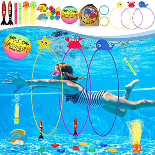 DAUXONE Diving Toys, 27 Pcs Pool Toys with Swim Thru Rings for Kids Age 3-12, Dive Sticks, Rings, Gem, Octopus, Torpedo, Mesh Bag Include - New