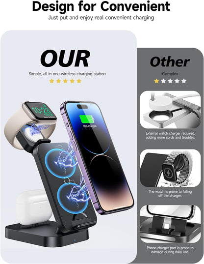 Conido Wireless Charging Station, 18W Fast 3 in 1 Wireless Charging Station for Multiple Devices Apple, Wireless Charger Stand for iPhone Apple Watch Airpods, iPhone Charging Station Dock Black