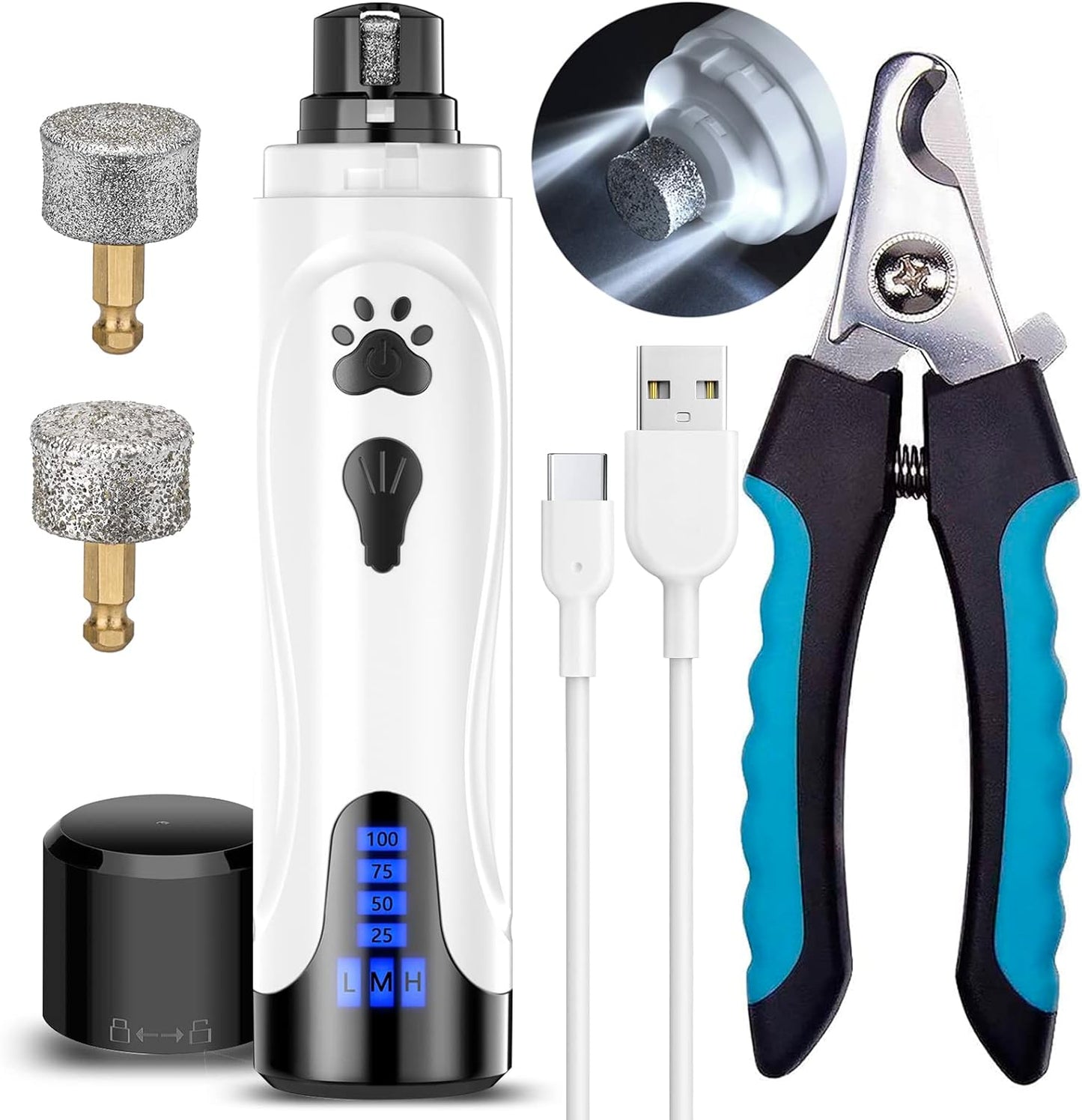 YABIFE Dog Nail Grinder, Dog Nail Trimmers and Clippers Kit, Super Quiet Electric Pet Nail Grinder, Rechargeable, for Small Large Dogs & Cats Toenail & Claw Grooming,3 Speeds, 2 Grinding Wheels