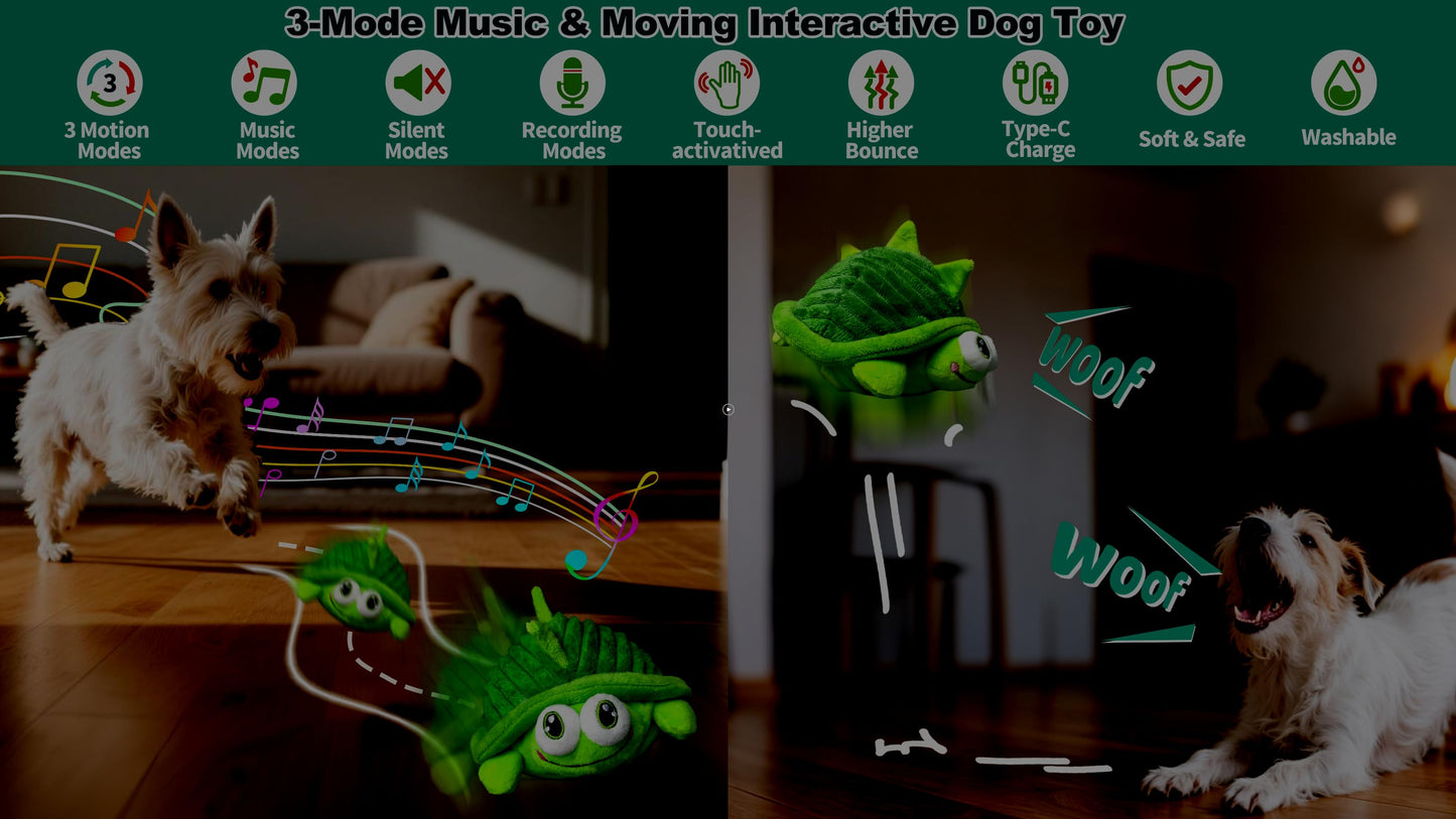 GUKCO Interactive Moving Dog Toys – Plush Chew Toy with Bouncing Ball, Music & Recording | Rechargeable Self-Play Toys for Small, Medium & Large Dogs to Keep Them Engaged (Turtle) - New