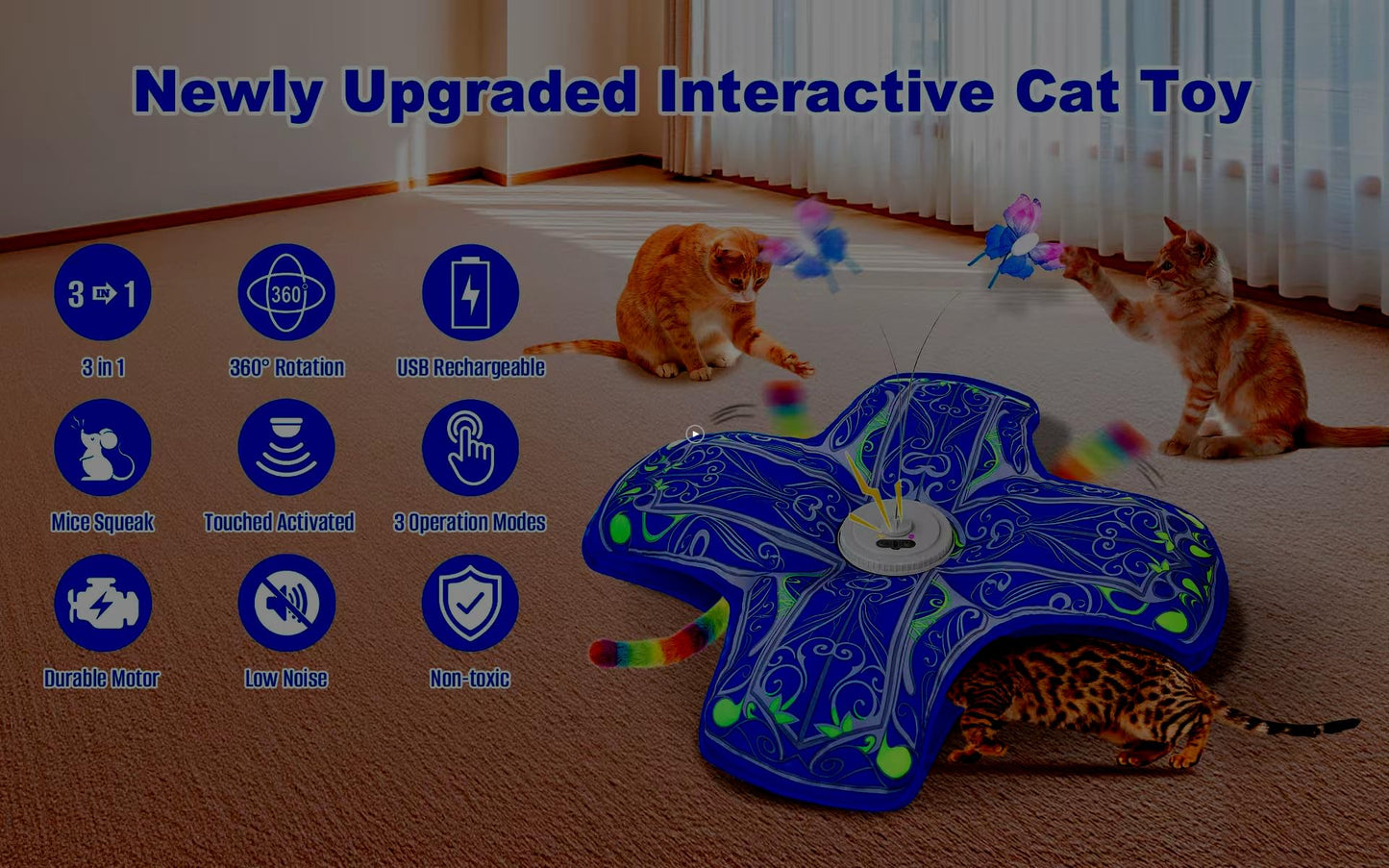 Interactive Cat Toys for Indoor Cats,[Newly Upgraded] Rechargeable Touch Activated Hide and Seek Kitten Toys for Bored Indoor Adult Cats with Fluttering (Blue) - New