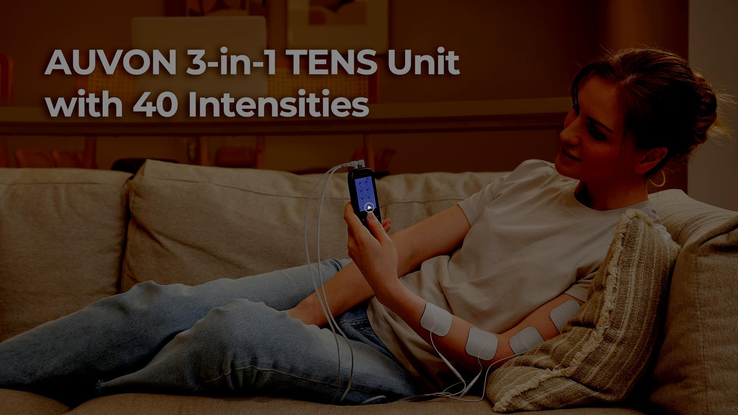 AUVON 3-in-1 TENS Unit Muscle Stimulator, EMS Massage Machine with 40 Intensities for Gradual Shoulder, Sciatica, Back Pain Relief, 24 Modes Rechargeable Electronic Pulse Massager with 12 TENS Pads - New