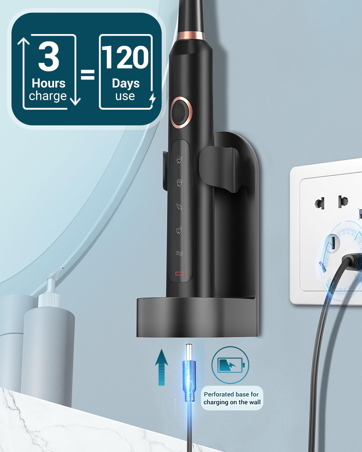 Sonic Electric Toothbrush for Adults - Rechargeable with 8 Brush Heads & Travel Case,Teeth Whitening , Power with Holder, 3Hours Charge for 120 Days - Black