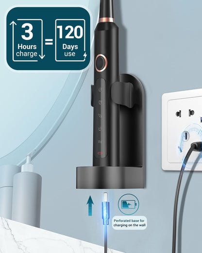 Sonic Electric Toothbrush for Adults - Rechargeable with 8 Brush Heads & Travel Case,Teeth Whitening , Power with Holder, 3Hours Charge for 120 Days - Black