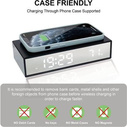 BXCLCK Digital Alarm Clock with Wireless Charging, 15W Fast Wireless Charger for Smart Phone, Night Time Mode, Adjustable Brightness, Snooze, 12/24H, LED Clock for Bedroom, Living Room, Office