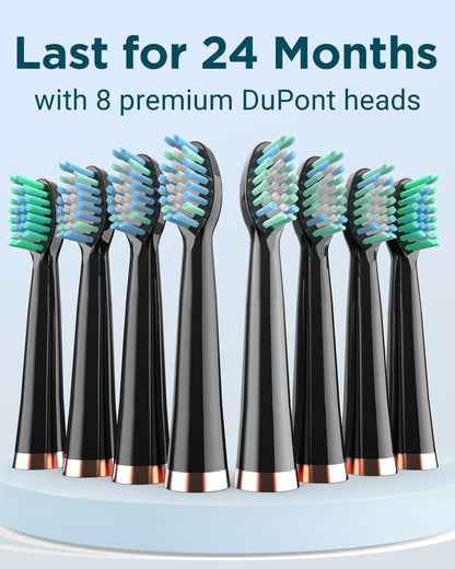 Sonic Electric Toothbrush for Adults - Rechargeable with 8 Brush Heads & Travel Case,Teeth Whitening , Power with Holder, 3Hours Charge for 120 Days - Black