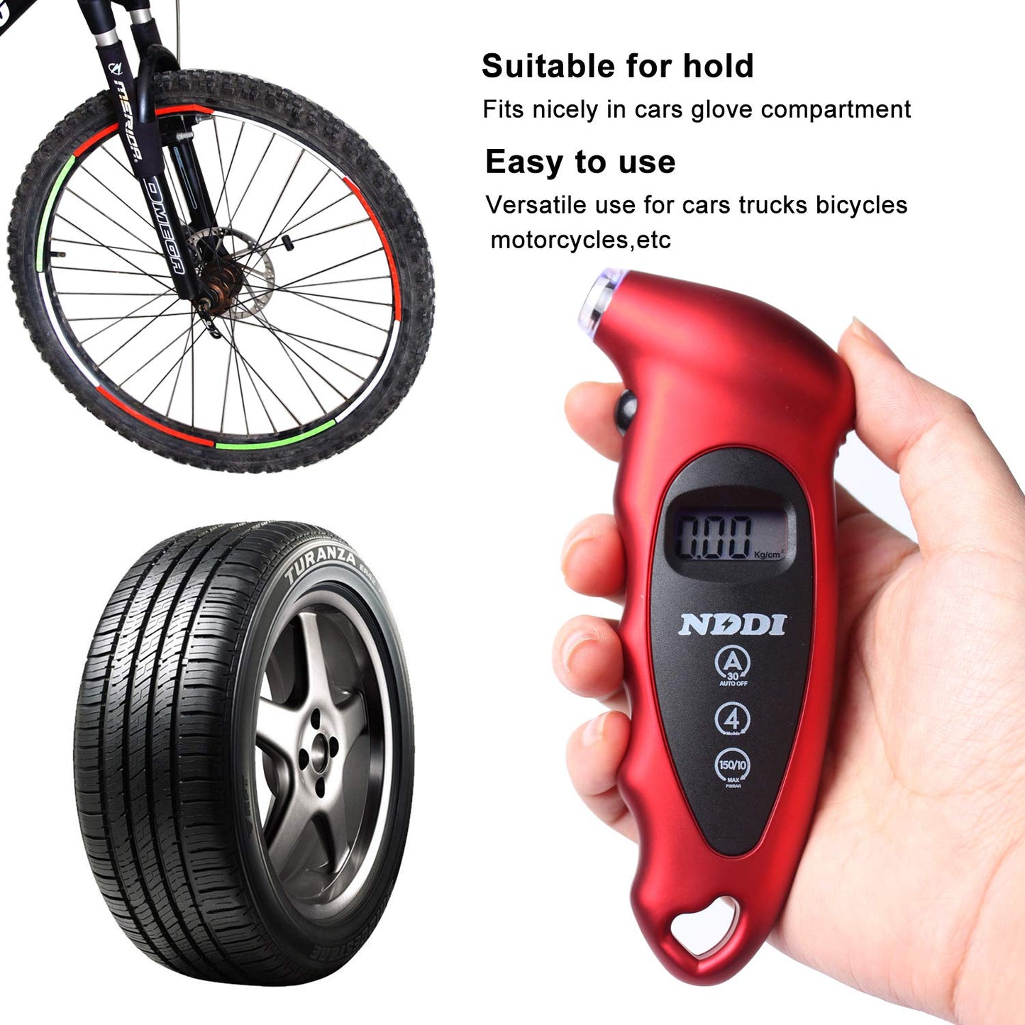 NDDI 2 Pack Digital Tire Pressure Gauge, 150 PSI 4 Settings Car Truck Bicycle Backlit LCD Non-Slip Grip, Gray and Red