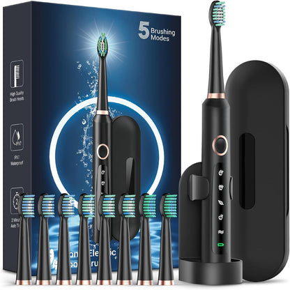 Sonic Electric Toothbrush for Adults - Rechargeable with 8 Brush Heads & Travel Case,Teeth Whitening , Power with Holder, 3Hours Charge for 120 Days - Black