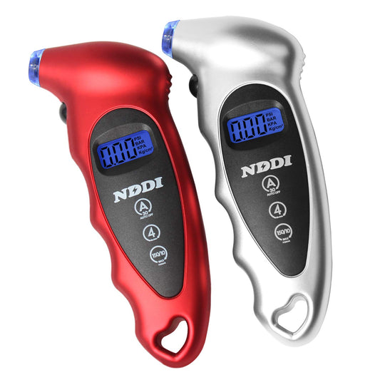 NDDI 2 Pack Digital Tire Pressure Gauge, 150 PSI 4 Settings Car Truck Bicycle Backlit LCD Non-Slip Grip, Gray and Red