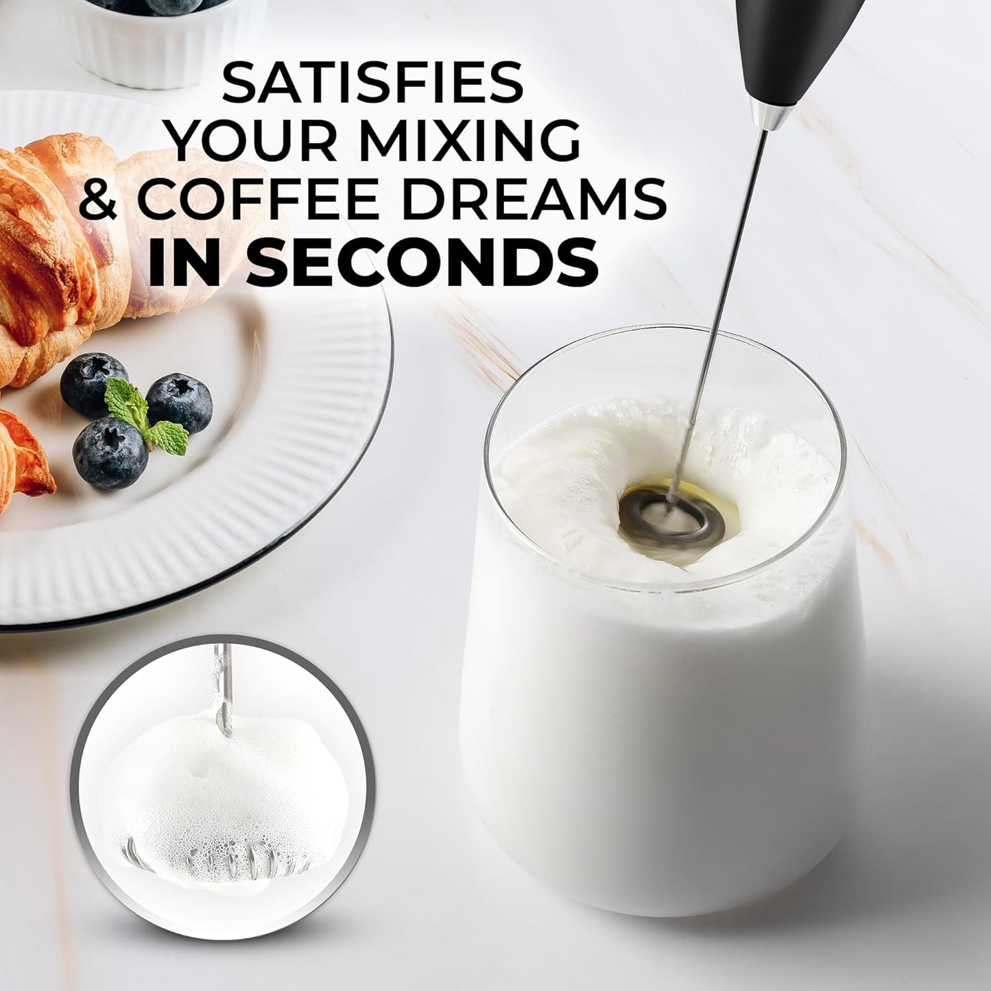 Kitchen Powerful Milk Frother Wand With 2 Duracell Batteries - Ultra Fast Handheld Drink Mixer - Electric Whisk Foam Maker for Coffee, Lattes, Cappuccino, Matcha, Hot Chocolate & Creamer - Black