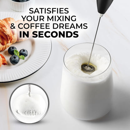 Kitchen Powerful Milk Frother Wand With 2 Duracell Batteries - Ultra Fast Handheld Drink Mixer - Electric Whisk Foam Maker for Coffee, Lattes, Cappuccino, Matcha, Hot Chocolate & Creamer - Black