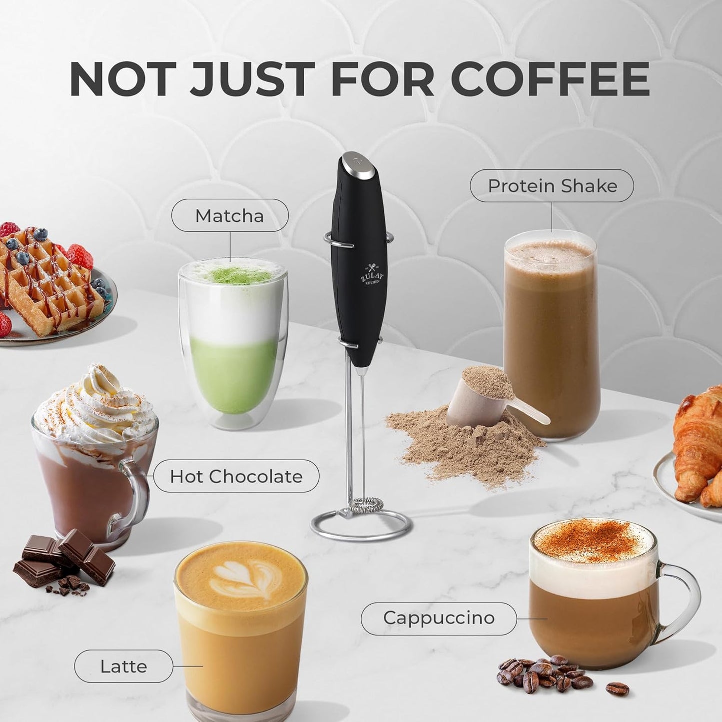 Kitchen Powerful Milk Frother Wand With 2 Duracell Batteries - Ultra Fast Handheld Drink Mixer - Electric Whisk Foam Maker for Coffee, Lattes, Cappuccino, Matcha, Hot Chocolate & Creamer - Black