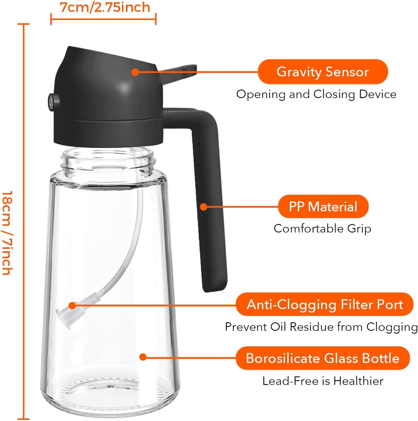 16oz/470ml Glass Olive Oil Sprayer for Cooking with Stickers, 2 in 1 Oil Dispenser for Kitchen Gadgets, Food Grade Premium Spray Bottle with Portion Control for Salad, Frying, BBQ (Black)