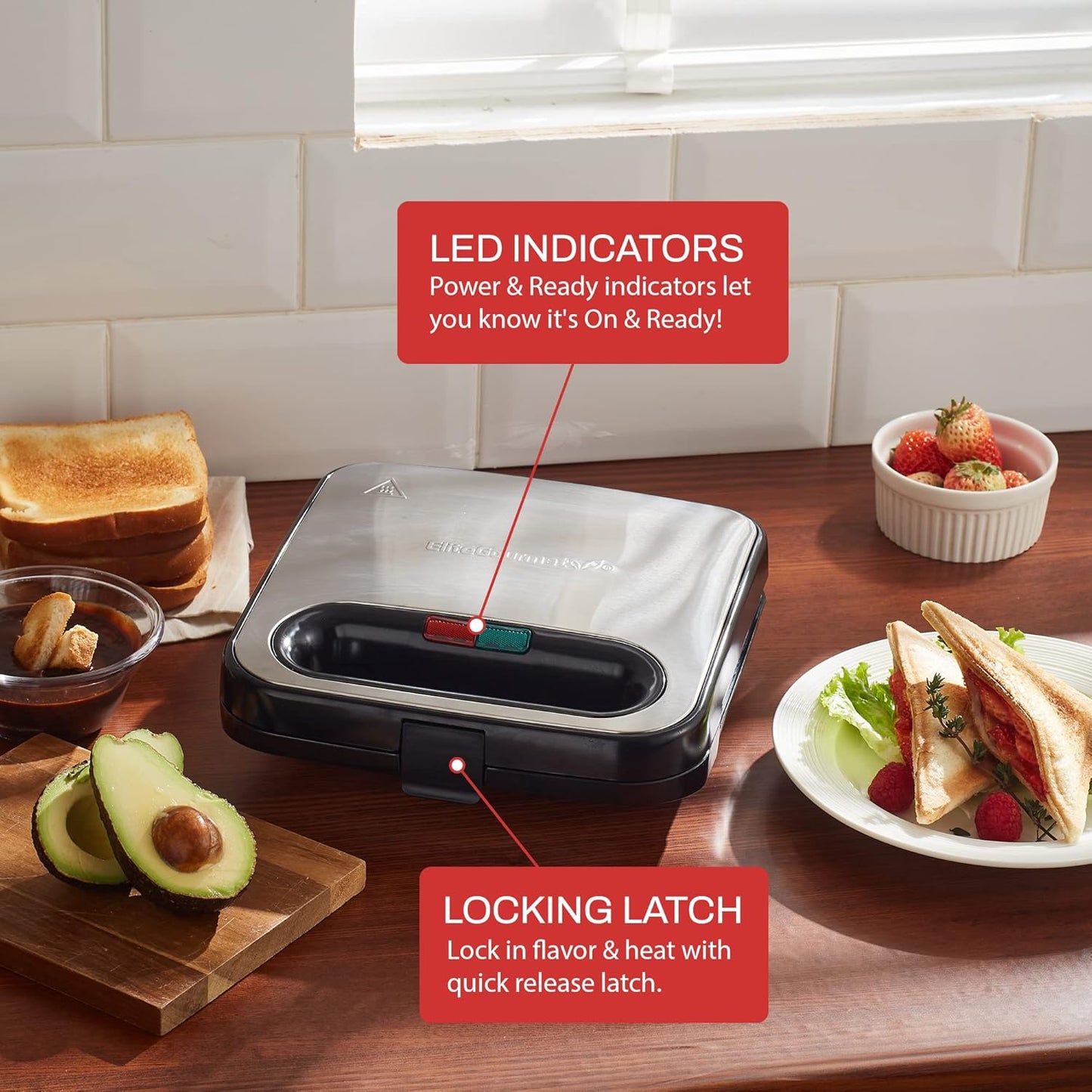 Elite Gourmet ESM2207XSS Sandwich Panini Maker Grilled Cheese, Machine Tuna Melt Omelets Non-stick Cooking Surface, 2 Slice, 750 Watts, Stainless Steel