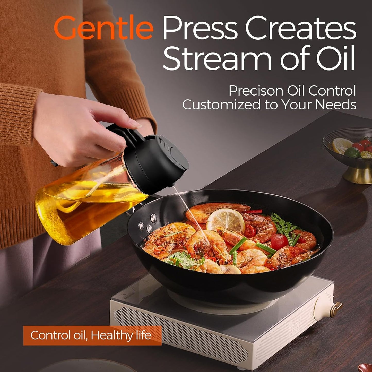 16oz/470ml Glass Olive Oil Sprayer for Cooking with Stickers, 2 in 1 Oil Dispenser for Kitchen Gadgets, Food Grade Premium Spray Bottle with Portion Control for Salad, Frying, BBQ (Black)