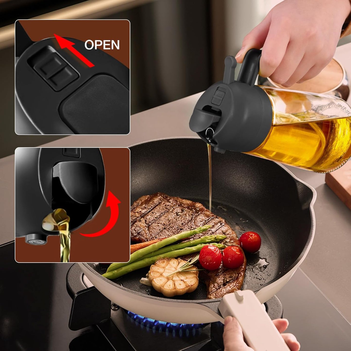16oz/470ml Glass Olive Oil Sprayer for Cooking with Stickers, 2 in 1 Oil Dispenser for Kitchen Gadgets, Food Grade Premium Spray Bottle with Portion Control for Salad, Frying, BBQ (Black)